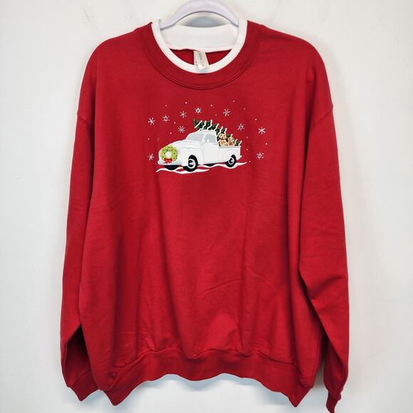 Morning Sun Red Holiday Sweatshirt Size 2XL Dogs Truck Xmas Tree 90s Granny - Picture 1 of 9